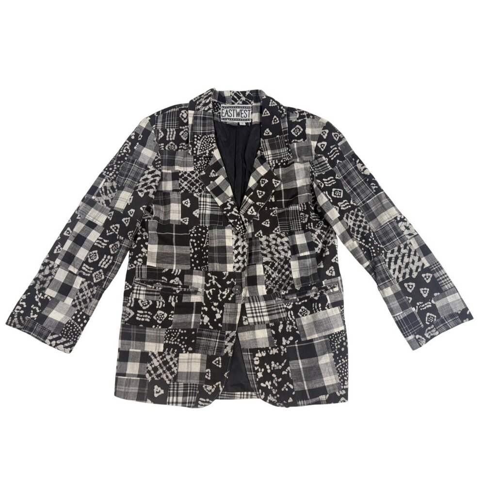 East West Cotton Patchwork Blazer Women's M Black White Cotton Artsy Boho